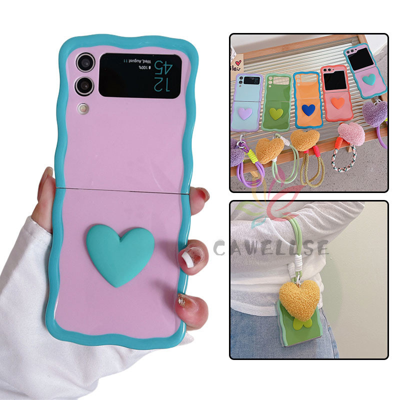 เคสโทรศัพท์มือถือแบบนิ่ม TPU กันกระแทก ลายหัวใจน่ารัก พร้อมสายคล้อง ผ้ากํามะหยี่ขนนิ่ม สีสดใส สําหรับ Samsung Galaxy Z Flip 5 Z Flip 4 Z Flip 3