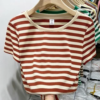 เสื้อยืดแขนสั้นลําลอง ทรงหลวม ลายทางวาฟเฟิล สีตัดกัน แฟชั่นฤดูร้อน สําหรับผู้หญิง