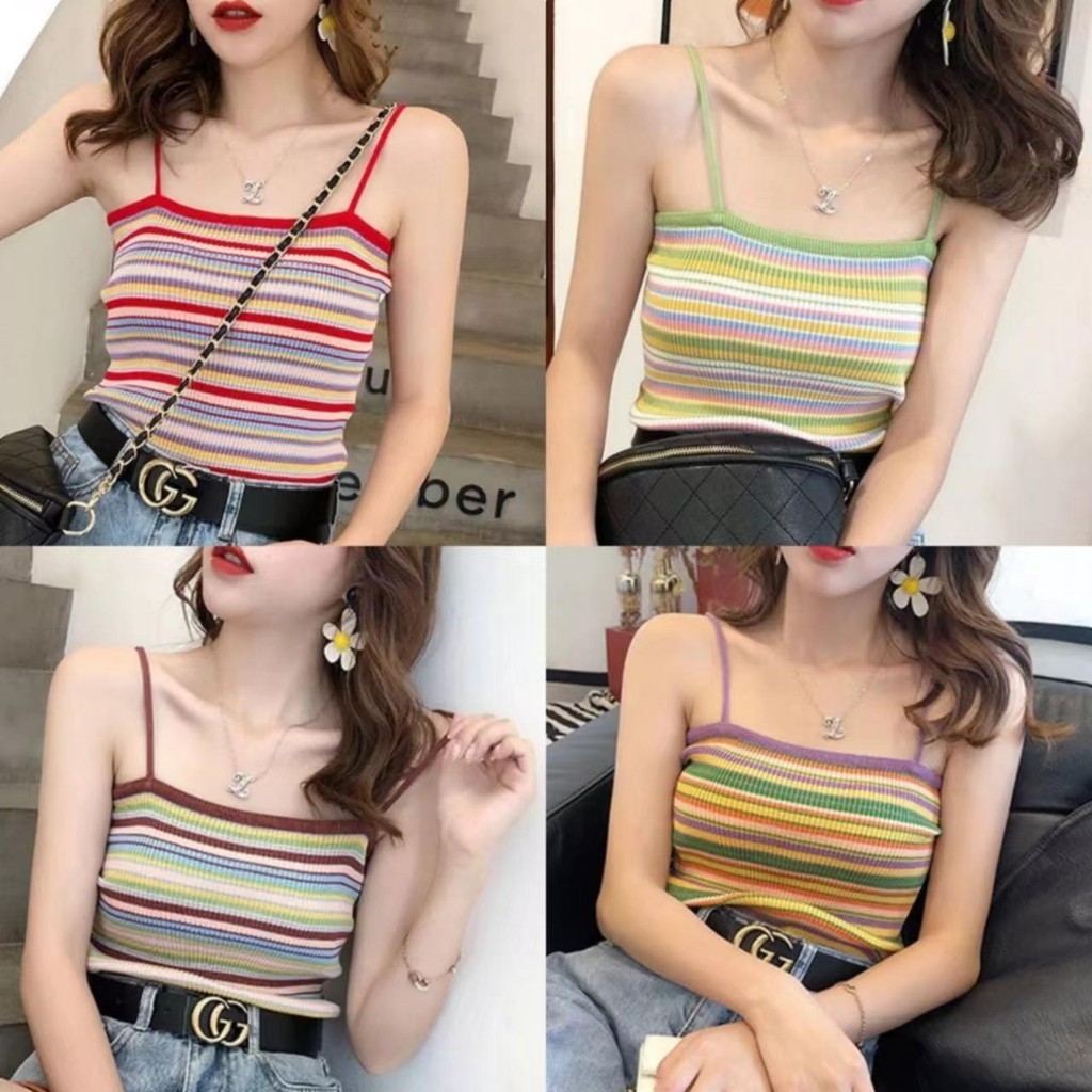 เสื้อสายเดี่ยว สายเล็ก ลายทาง ผ้าไหมพรม ทรงเซ็กซี่ มี4สี พร้อมส่ง #E-3209