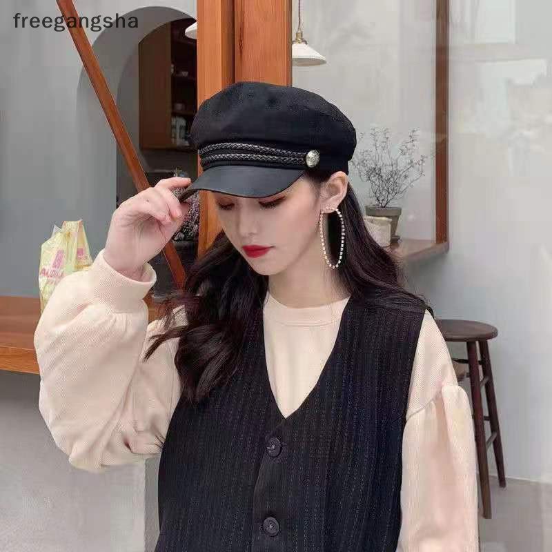 [FREG] หมวกเบเร่ต์ แต่งสายโซ่ สีดํา สไตล์ทหาร เหมาะกับฤดูหนาว สําหรับผู้หญิง FDH