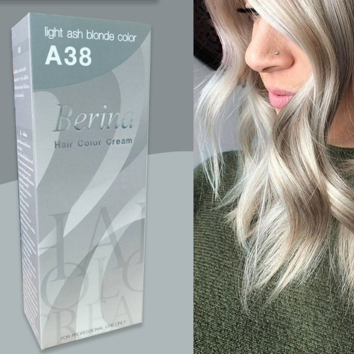 เบอริน่า A38 สีบลอนด์อ่อนประกายหม่น ฮิตมาก เปลี่ยนสีผม ครีมย้อมผม  Berina A38 Light Ash Blonde Hair Color Cream