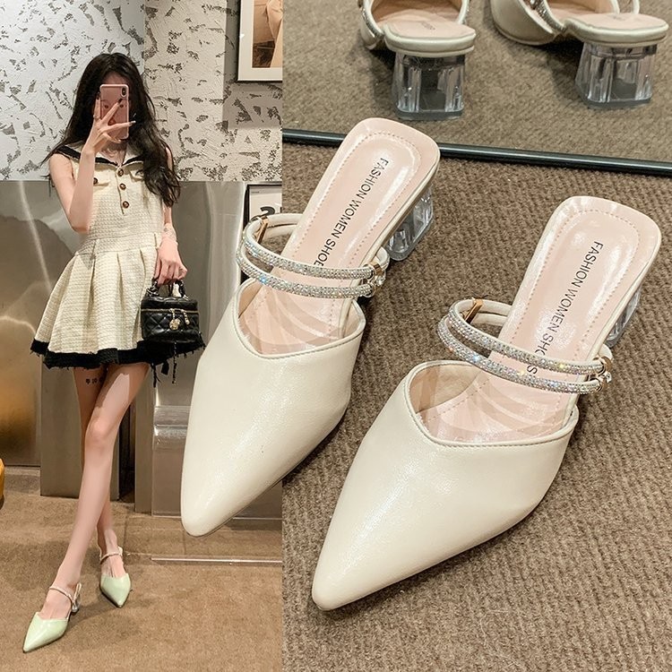 คลังสินค้าพร้อมรองเท้าส้นสูงหัวแหลม 2024 สไตล์ใหม่ Rhinestone Casual Lady Baotou รองเท้าแตะผู้หญิง