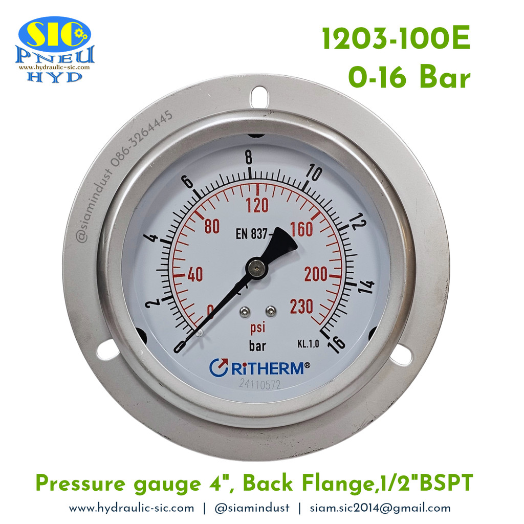 1203-100E Pressure Gauge เกจวัดแรงดันหน้าปัด 4" เกลียว 1/2" BSPT ออกหลังล่าง RiTHERM