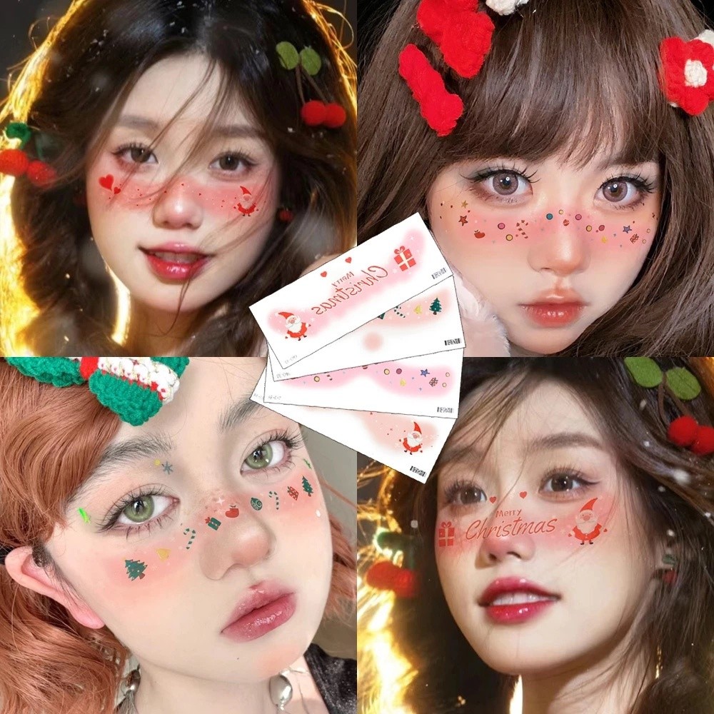สติกเกอร์รอยสัก ลายคริสต์มาส น่ารัก สําหรับแต่งหน้า เพ้นท์หน้า สติกเกอร์รอยสักชั่วคราวคริสต์มาส แต่งหน้าปาร์ตี้