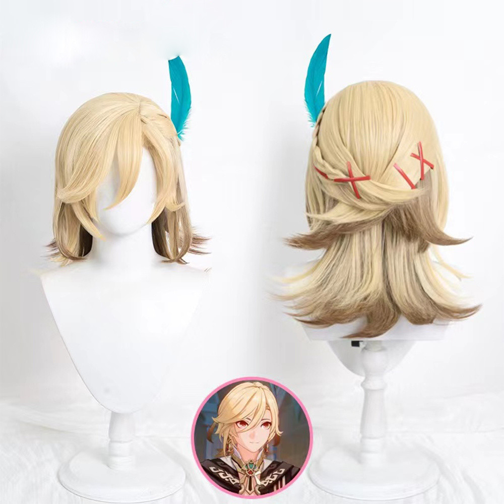 Genshin Impact Kaveh Cosplay Wig Pale Yellow Brown Gradient Long Hair Wigs Simulated Scalp Heat Resi