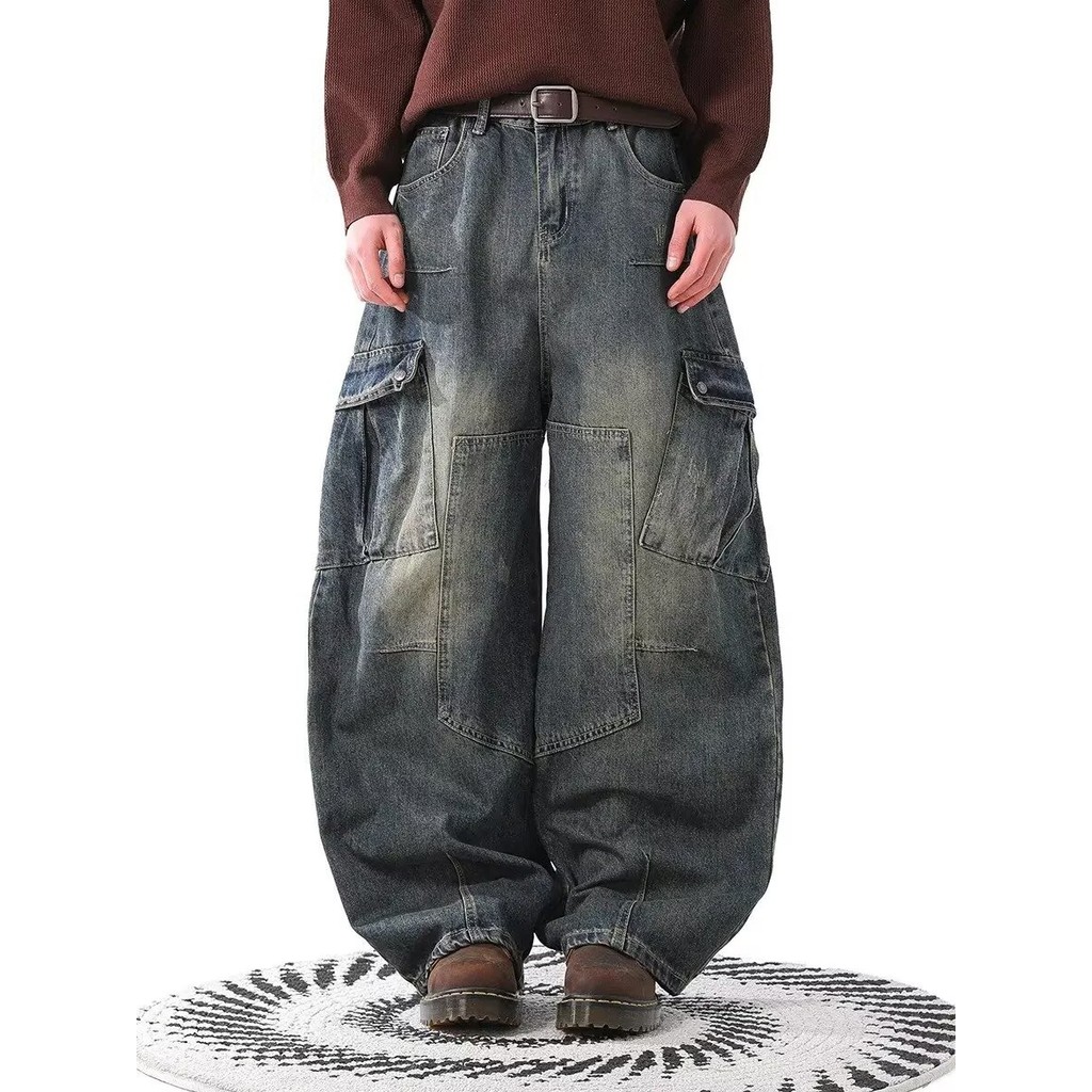 ผู้ชายโค้งมีด ชุดทํางาน กางเกงยีนส์คู่สไตล์กางเกงขากว้างหลวม
