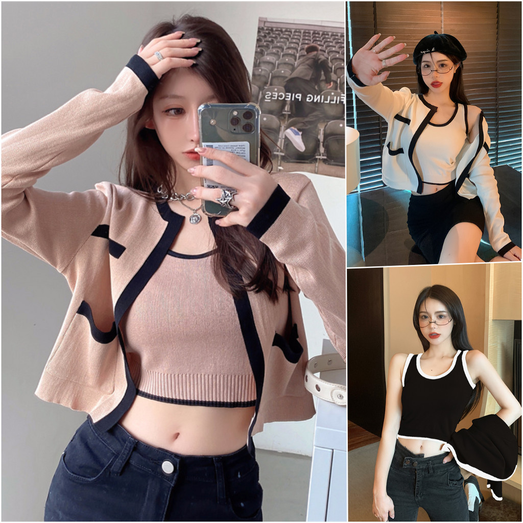 ccute พร้อมส่ง เสื้อคลุมแขนยาว ผ้าคาร์ดิแกน งานเซ็ทคู่ แฟชั่นสไตล์สาวหวาน