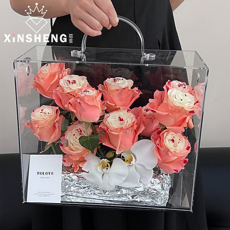 กล่องอะคริลิคใส ลายดอกไม้ แบบพกพา กันน้ํา แฮนด์เมด หรูหรา สําหรับใส่ช่อดอกไม้ diy