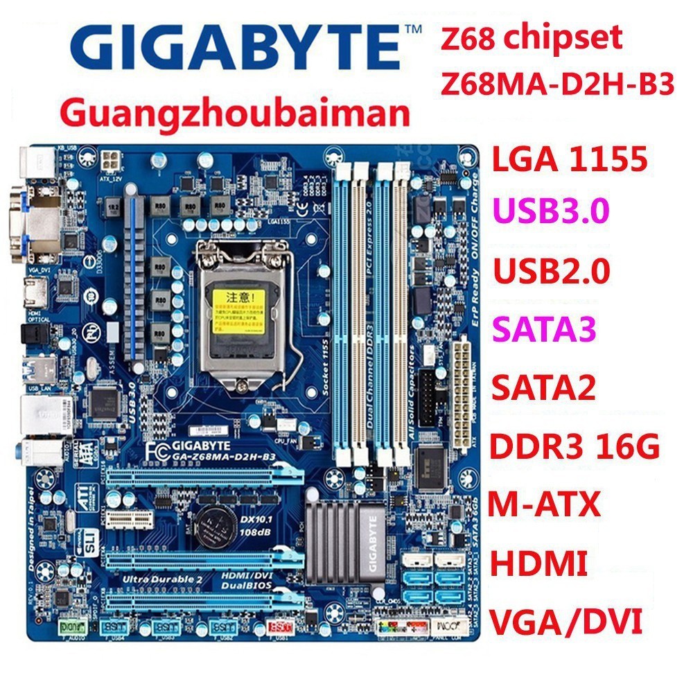 ใช้ Gigabyte GA-Z68MA-D2H / GA-Z68MA-D2H-B3 LGA 1155 DDR3 32G intel Z68 เมนบอร์ด M-ATX SATA3 NO H61 