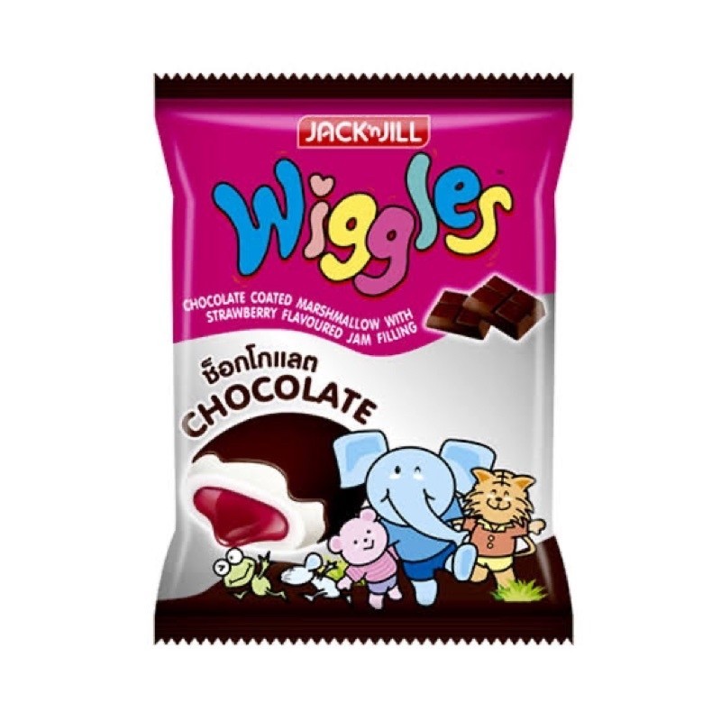 ขนม Wiggles Marshmallow วิกเกิลส์ มาร์ชแมโลว์ เคลือบช็อกโกแลต สอดไส้กลิ่นแยมสตอเบอร์รี่ อร่อย นุ่ม ห