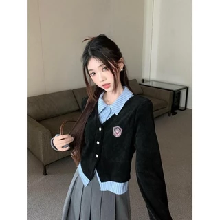 Fy🧡เสื้อเชิ้ต ผ้าถัก แขนยาว สไตล์นักเรียนเวอร์ชั่นเกาหลี