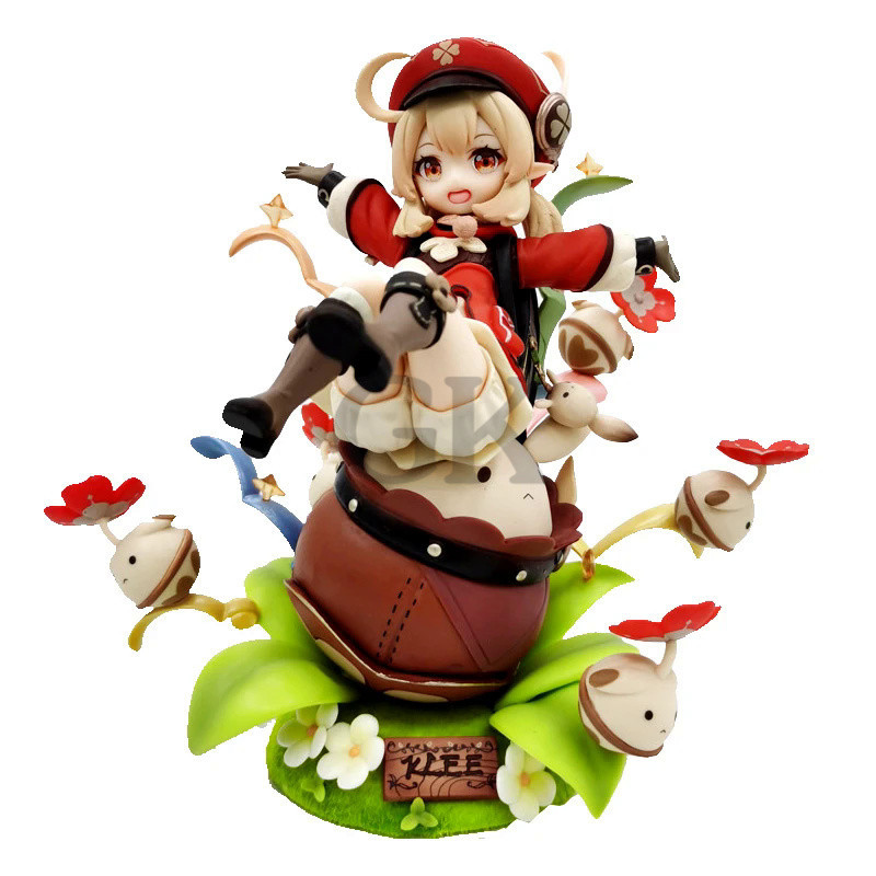 GK Game Genshin Impact Klee Anime Figure 18cm PVC Sitting Red Hat Bag Ornaments Model Kid Toys Doll Collect Ornaments Gi