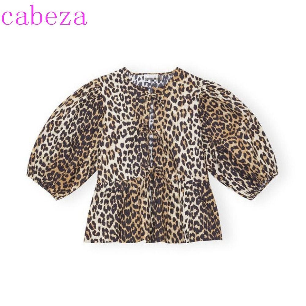 Cabeza เสื้อเชิ้ตแขนพัฟลําลอง พิมพ์ลายเสือดาว ประดับโบว์ ดอกไม้ แฟชั่นสําหรับผู้หญิง