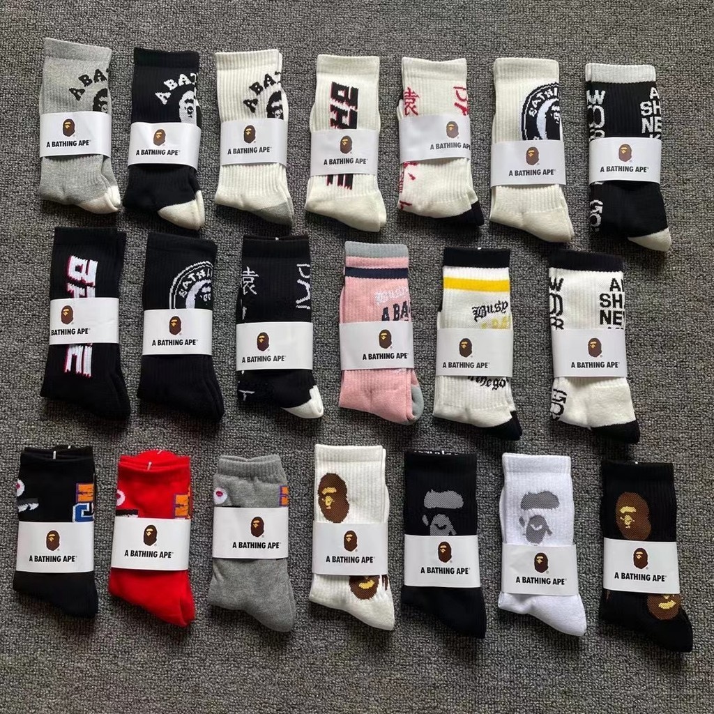 Bape ถุงเท้ากีฬา ผ้าขนหนู ด้านล่าง ผู้ชาย ผู้หญิง กันลื่น ถุงเท้าข้อกลาง