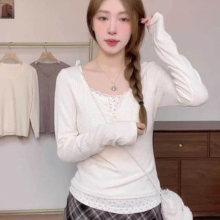 เสื้อยืดแขนยาว แบบเย็บติดกันสองชิ้น ลายดอกไม้มินิมอล