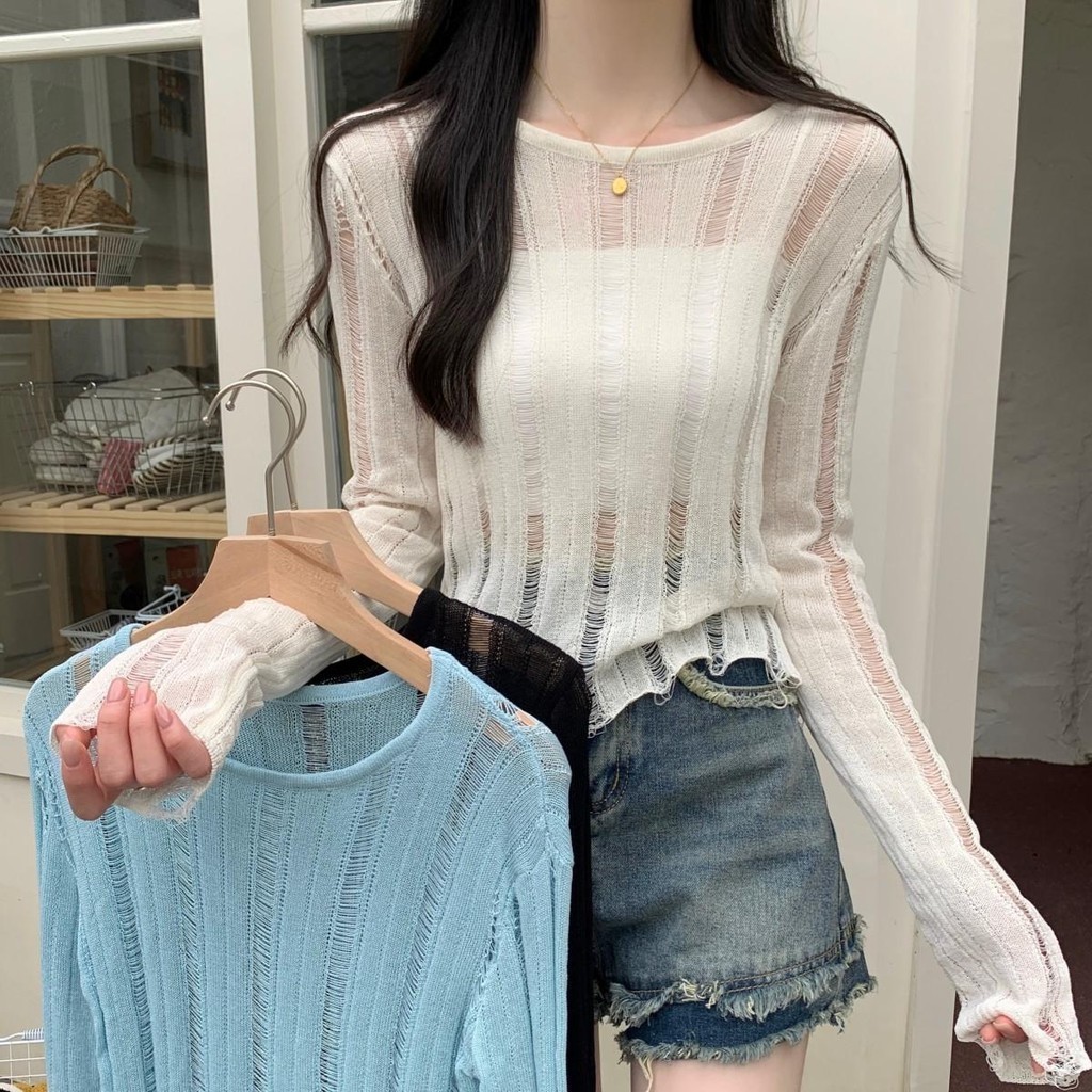 Grace&Chill 17410 เสื้อไหมพรมถักแขนยาว เสื้อแฟชั่นหญิง ซีทรูบางๆ ผ้านิ่มบาง