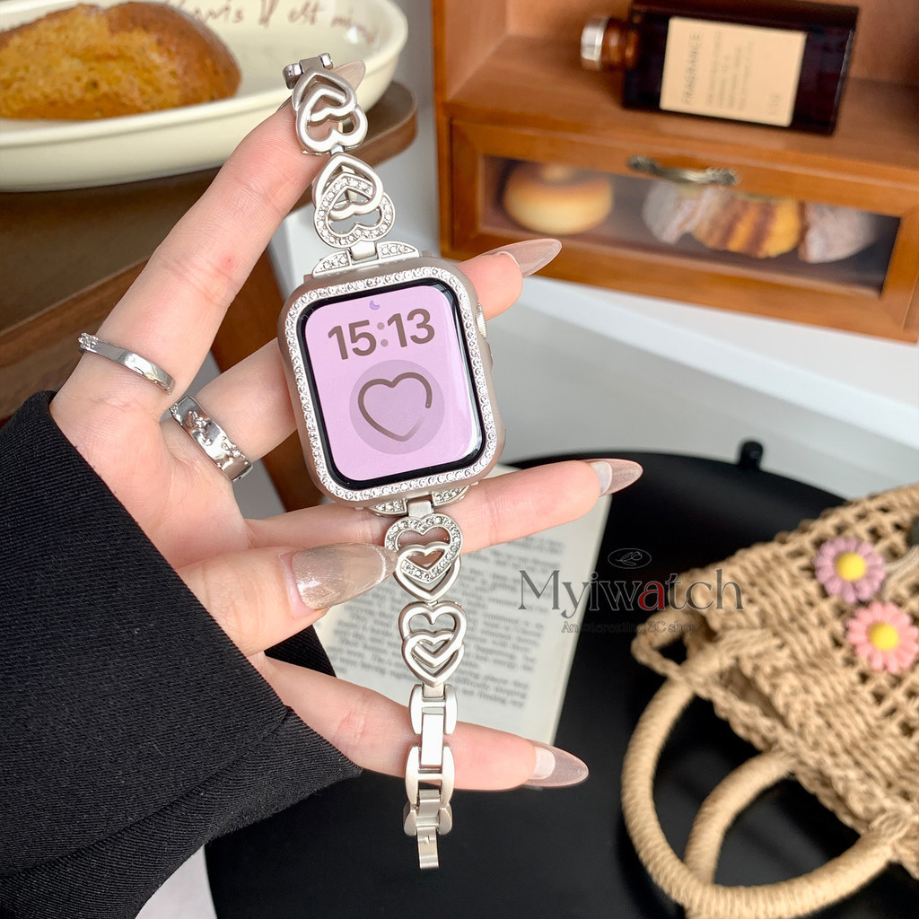 Fine Love Rhinestone สายโลหะหรูหราสําหรับ iWatch Series Ultra 11/10/9/8/7/6/SE/5/4/3/2/1 ขนาด 49/46/45/44/42/41/40/38 มม.