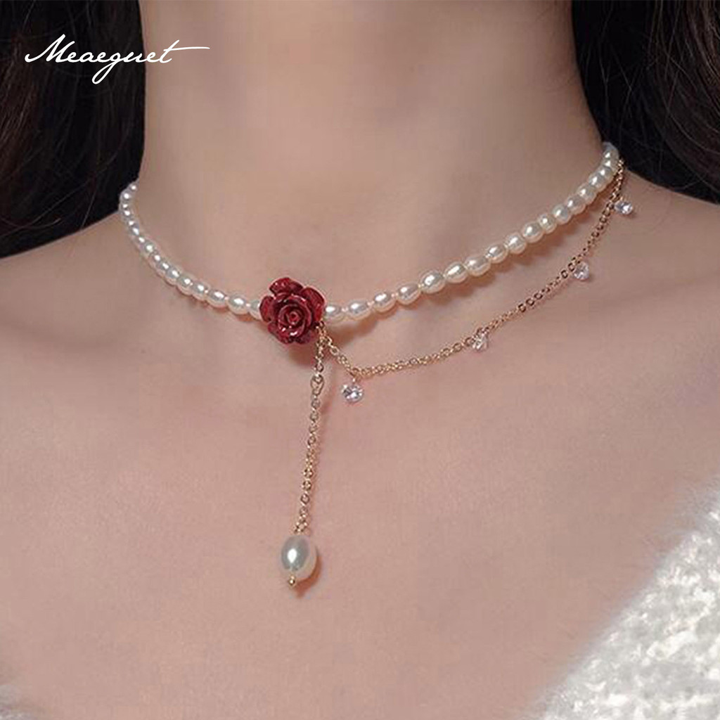 Meaeguet Elegant Red Rose Rhinestone Pearl สร้อยคอดอกไม้สร้อยคออารมณ์สร้อยคอ Choker สําหรับผู้หญิงอุปกรณ์เสริมเครื่องประดับ