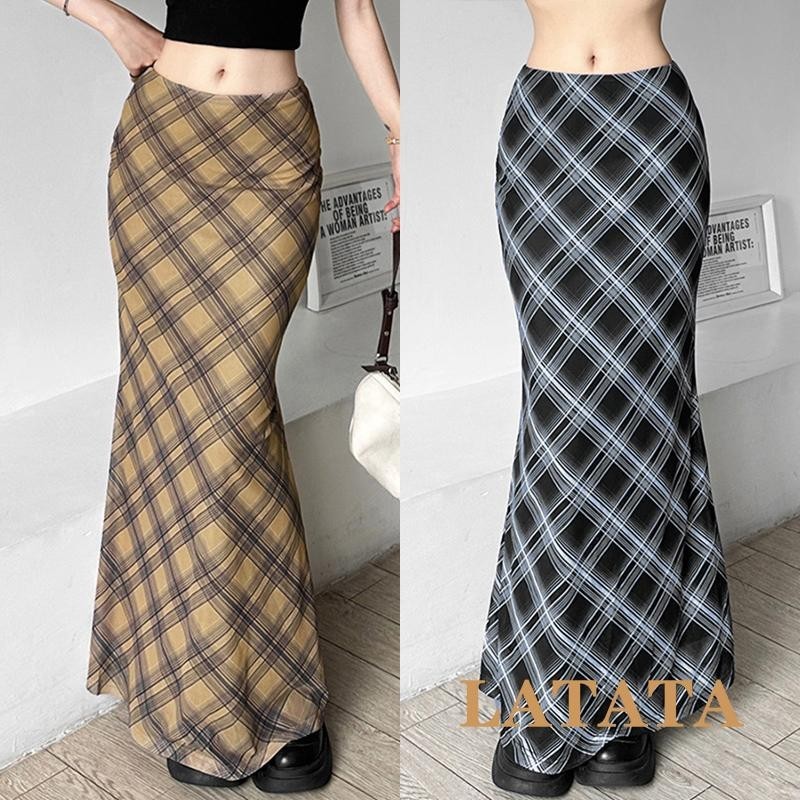 (จัดส่งในกรุงเทพฯ)Latata- กระโปรงยาว เอวสูง ลายสก็อต สไตล์วินเทจ สําหรับผู้หญิง