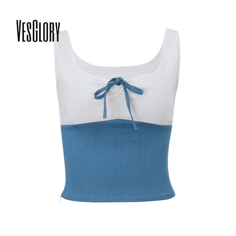 Vesglory เสื้อสายเดี่ยว คอยู ตัวสั้น สีตัดกัน แฟชั่นใหม่ สําหรับผู้หญิง 2024