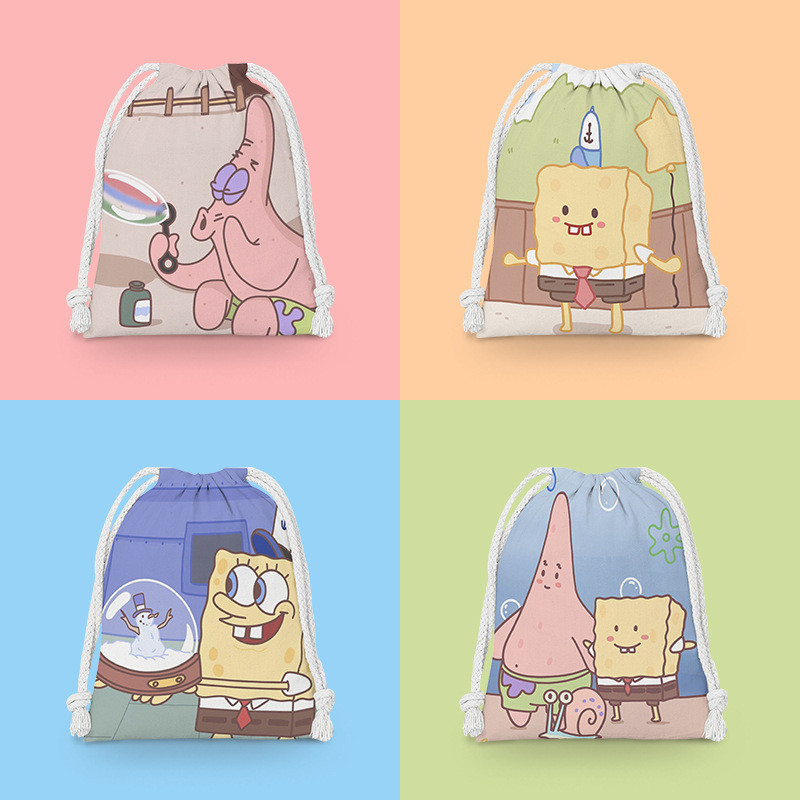 Spongebob SquarePants Drawstring Small Cloth Bag for Lipstick, Student Sundries, Cosmetics, Portable Toiletry Storage