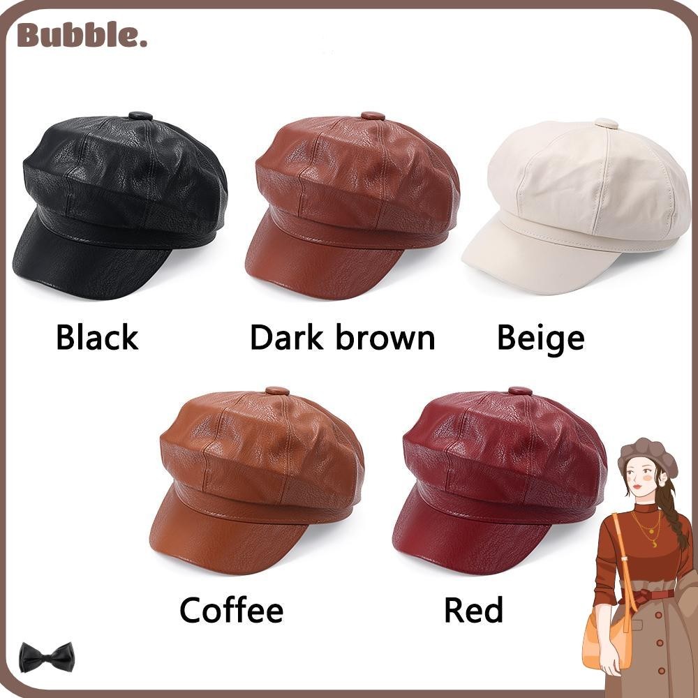 Bubble หมวกเบเร่ต์ หนัง PU ทรงแปดเหลี่ยม สีพื้น สําหรับเด็กผู้หญิง และผู้ชาย