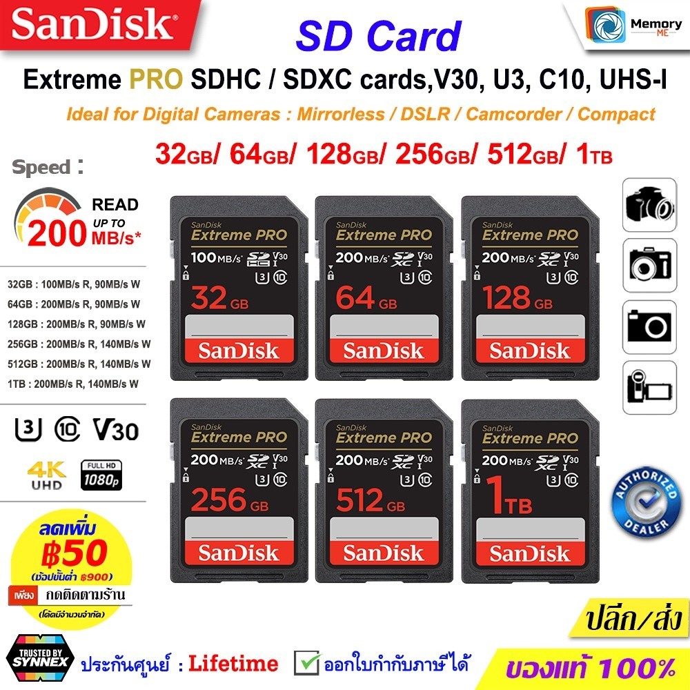 เมมโมรี่การ์ด SANDISK SDcard Extreme Pro 32GB/64GB/128GB/256GB (200MB)UHS-I U3 C10 V30 4K sdcard แท้ memory card camera