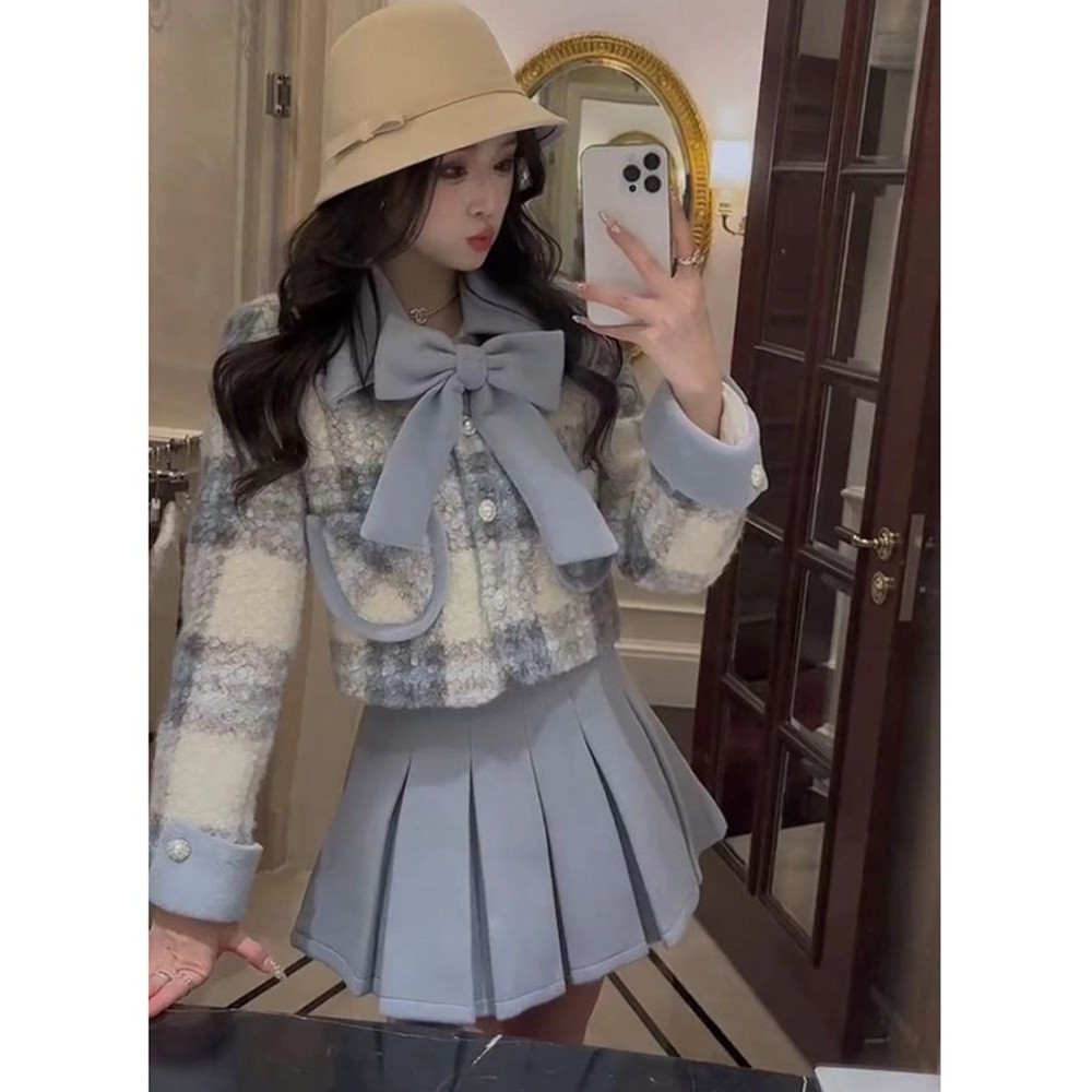 ชุดเสื้อแจ็กเก็ตกระโปรง ลายสก๊อต ประดับโบว์ สองชิ้น แฟชั่นฤดูใบไม้ร่วง และฤดูหนาว สําหรับสตรี