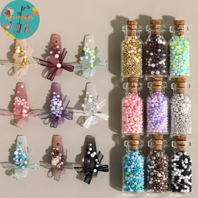 Renbg ลูกปัดไข่มุก พลอยเทียม ทรงกลม คละขนาด สําหรับตกแต่งเล็บ DIY 1 ขวด