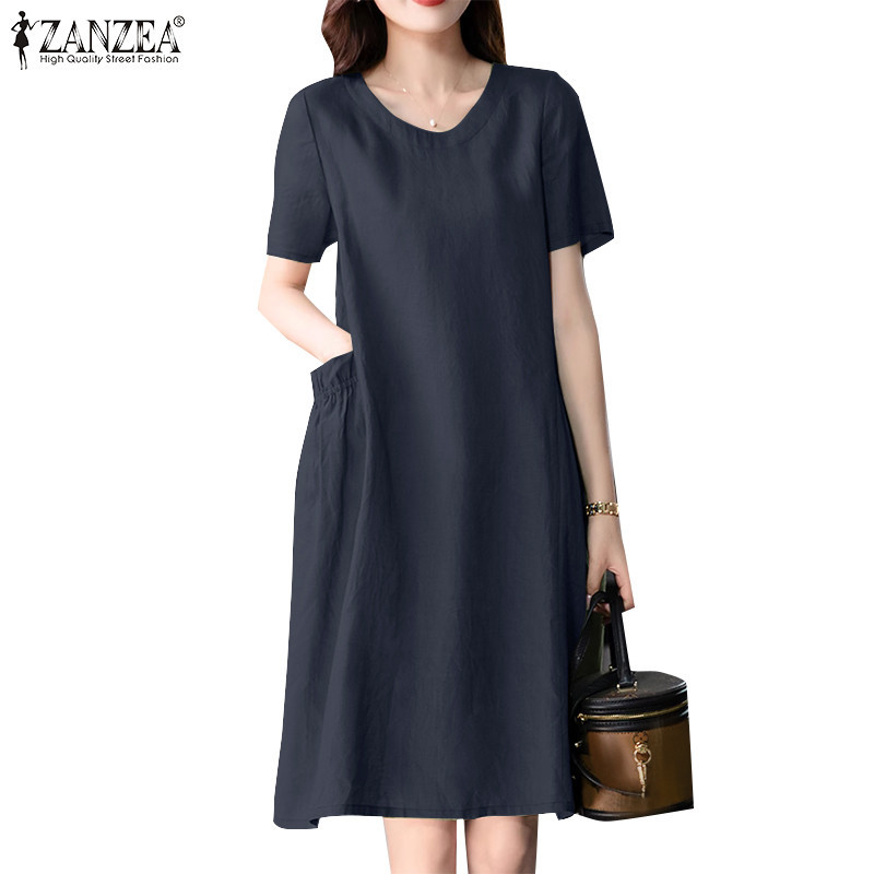 Zanzea ชุดเดรส คอกลม แขนสั้น มีกระเป๋า สีพื้น สไตล์เกาหลี สําหรับผู้หญิง