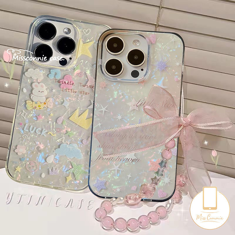 เคสโทรศัพท์มือถือ Tpu แบบนิ่ม ลายก้อนเมฆ และกระต่าย มีสายคล้อง สําหรับ IPhone 11 15 13 14 12 Pro MAX XR 7Plus 15 7 6S 6 8 Plus XS X MAX SE 2020