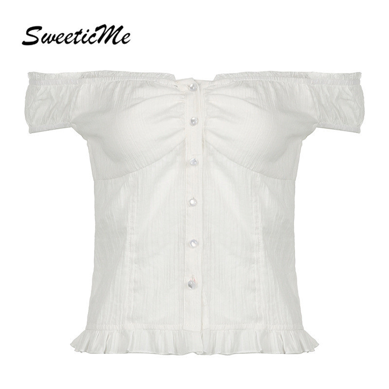 SweeticMe เสื้อสตรีแฟชั่นใหม่ French Nipped เอวปิดไหล่เสื้อยืดเซ็กซี่