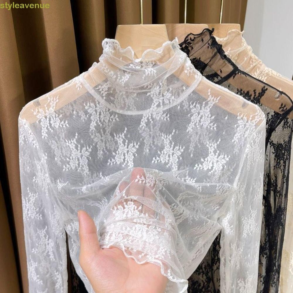 สไตล์เวนยู เสื้อยืดโปร่งใส,แขนยาวตาข่ายลูกไม้เสื้อท่อนล่างเสื้อ,หรูหรากลวงเสื้อกล้ามบางซีทรูท็อปส์สาว