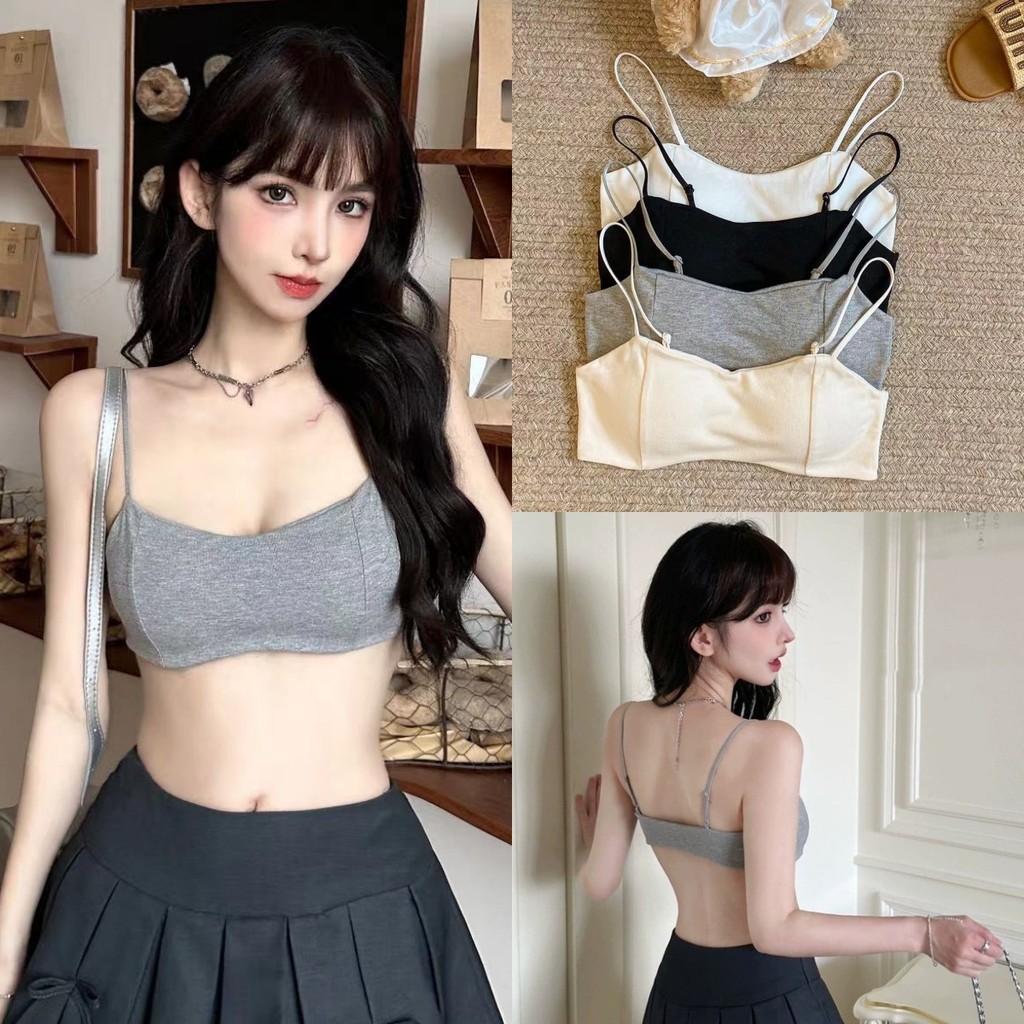 🍑Evelyn🍑บราสายเดี่ยว มีฟองน้ำ สีพื้น ครอปสั้น ชุดไปทะเล เกาหลีน่ารัก ผ้านิ่ม ทรงรัดตัว ใส่ไปทะเล