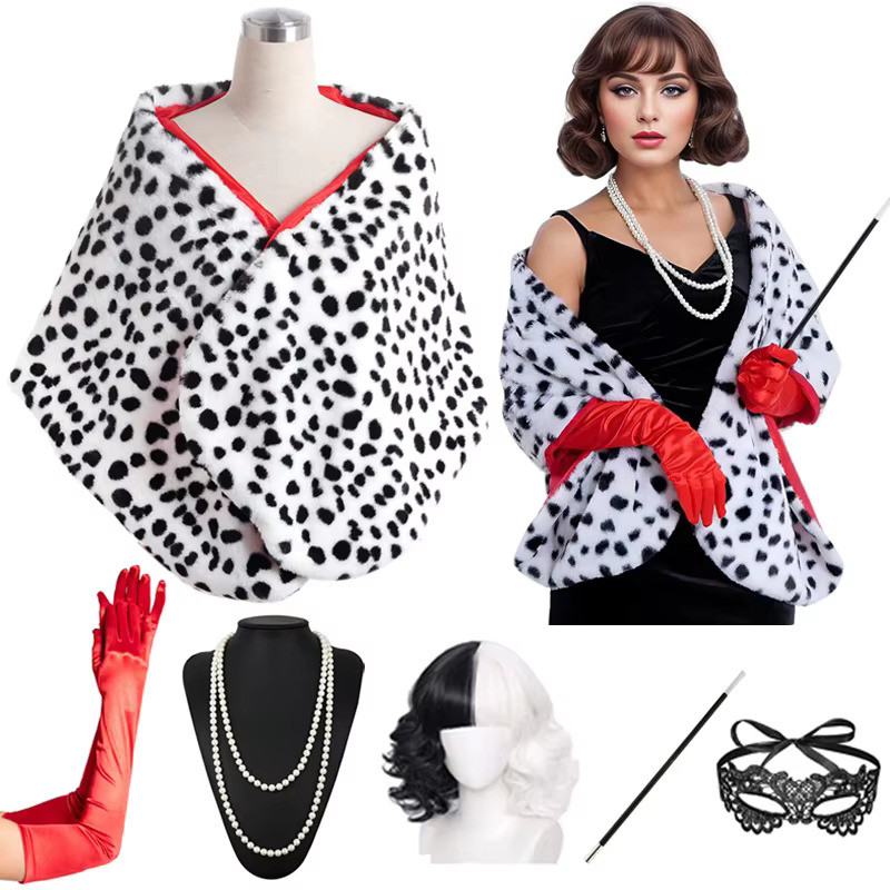 ผู้หญิง Cruella Deville เครื่องแต่งกาย Dalmatian พิมพ์ผ้าคลุมไหล่ผ้าพันคอ Stole สีดําสีขาวผู้ใหญ่ชุดฮาโลวีนสําหรับเด็กผู้หญิง