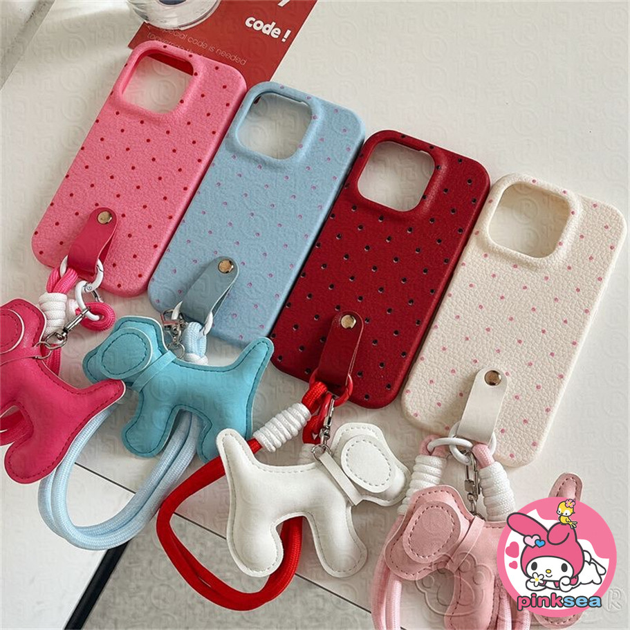 หนังหรูหราลูกสุนัขเชือกเคสโทรศัพท์เข้ากันได้สําหรับiPhone 17 16 15 14 13 12 11 Pro Max X Xr Xs Max 8 7 6 Plus SE2020 Ins Speckleซิลิโคนอ่อนนุ่มป้องกันการตกปลอก