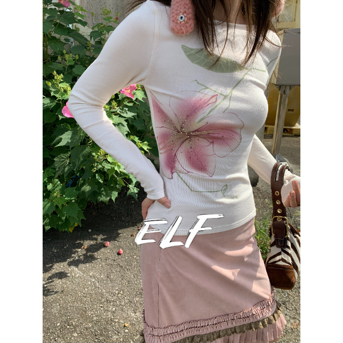ELFwoo Lily Language Print Hot Diamond Plush Base เสื้อแขนยาว