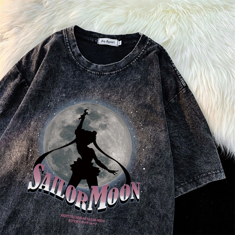 Pofloret เสื้อยืดฟอก โอเวอร์ไซซ์ ผ้าฟอกวินเทจ สีดําเข้ม สไตล์ฮิปฮอป เรโทร #Y0145