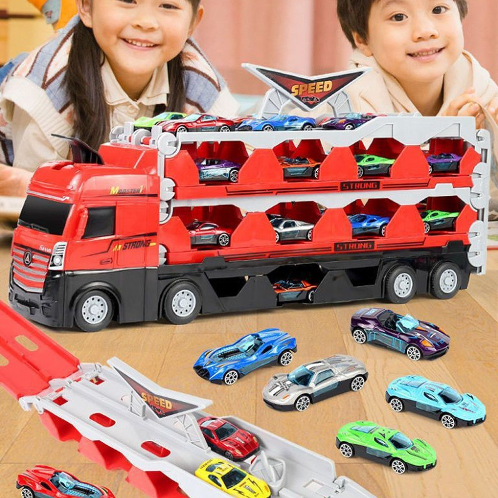 🚚รถของเล่น ดับเพลิง ของเล่นเด็กรถบรรทุกตู้คอนเทนเนอร์ขนาดใหญ่ แถมโมเดลรถอัลลอยด์8คัน สำหรับของขวัญเด็ก Transporter - รูปที่ 5