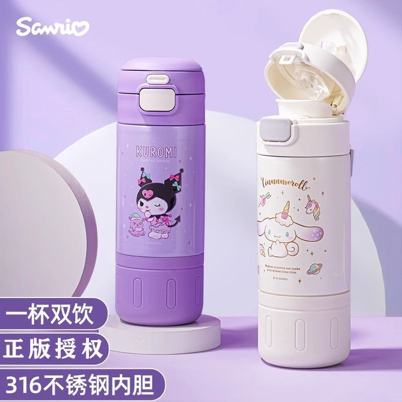 Disney กระติกน้ําร้อน ลายการ์ตูน Sanrio Kuro Mickey ร้อนสเตนเลส 316 พร้อมหลอดดูด 500 มล ใช้ได้สองแบบ สําหรับเด็ก กระติกน้ํา