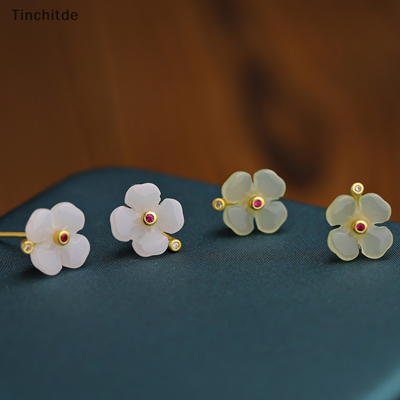 [Tinchitde] ต่างหูสตั๊ด หยกเทียม สี่แฉก นําโชค ออกแบบดี เรโทร เครื่องประดับแฟชั่น สําหรับผู้หญิง [Preferred]