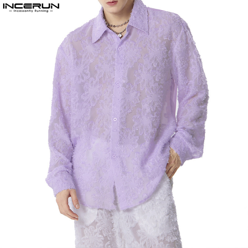 Incerun เสื้อเชิ้ตแขนยาวลําลอง ลายผ้าแจ็คคาร์ด สไตล์วินเทจ แฟชั่นสําหรับผู้ชาย