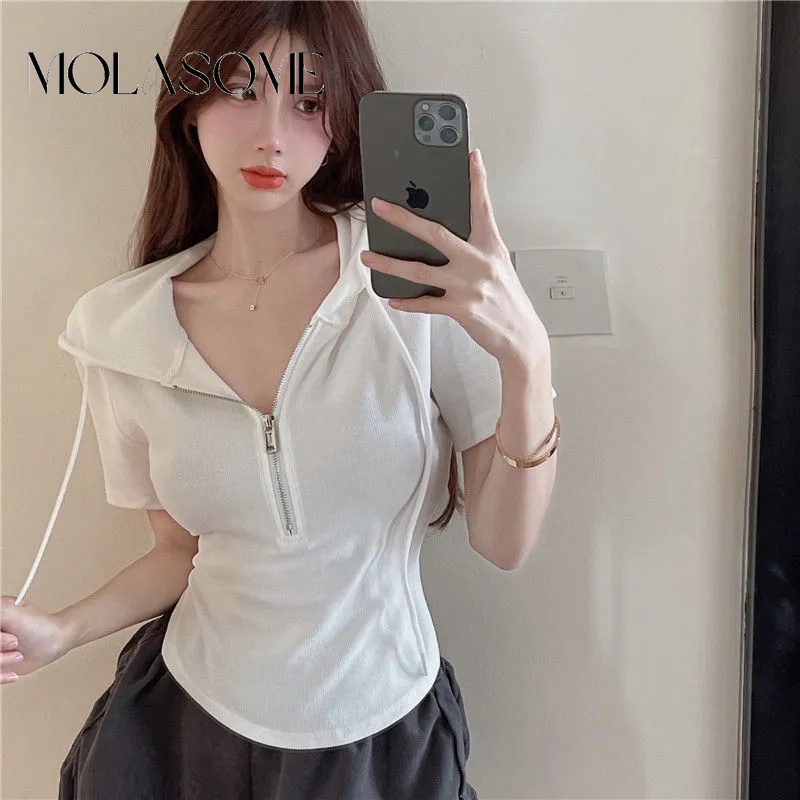 Molasome เสื้อยืด คอวี แขนสั้น มีฮู้ด สีพื้น เข้ารูป เข้ากับทุกการแต่งกาย สําหรับผู้หญิง 2024