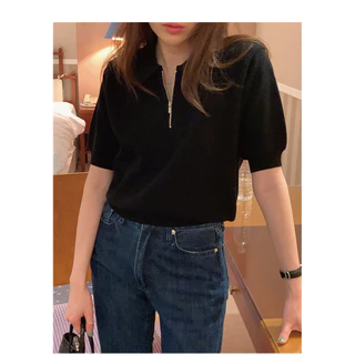 [สต็อก] เสื้อโปโล แขนสั้น ผ้าถัก มีซิป สไตล์เกาหลี สําหรับผู้หญิง