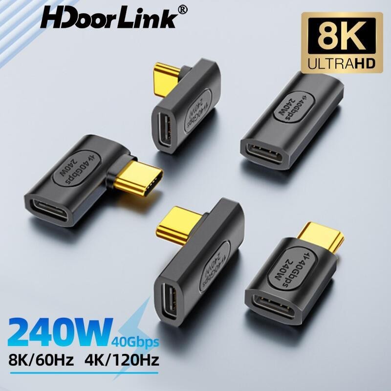 Hdoorlink อะแดปเตอร์แปลงข้อมูล 240W 40Gbps Type C เป็น USB C 90 องศา ชาร์จเร็ว 8K@60Hz สําหรับแล็ปท็อป แท็บเล็ต โทรศัพท์