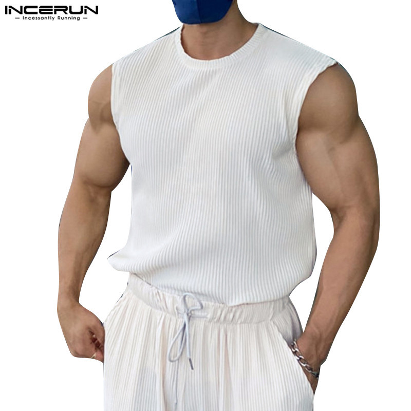Incerun ผู้ชาย แฟชั่นเกาหลี สีพื้น แขนกุด ลายทาง ถังหลวม