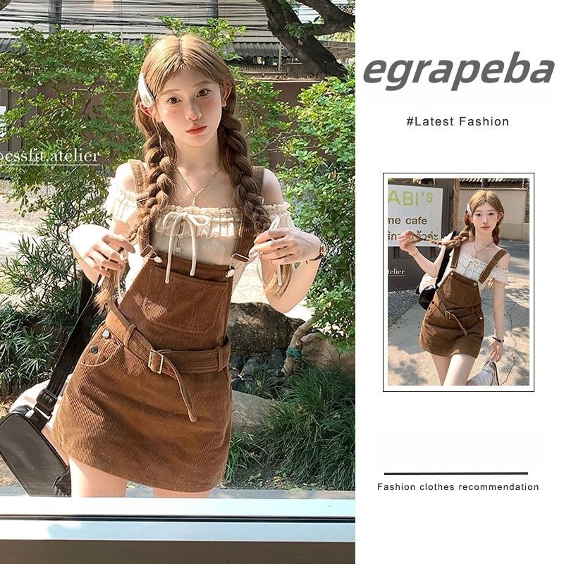NEW in ชุดเซต2ชิ้น เสื้อแขนยาวปิดไหล่+กระโปรงแขวน ผ้าลูกฟูก สไตล์วินเทจ strap dress แฟชั่นสไตล์เกาหลี(ขายแยกชิ้น)
