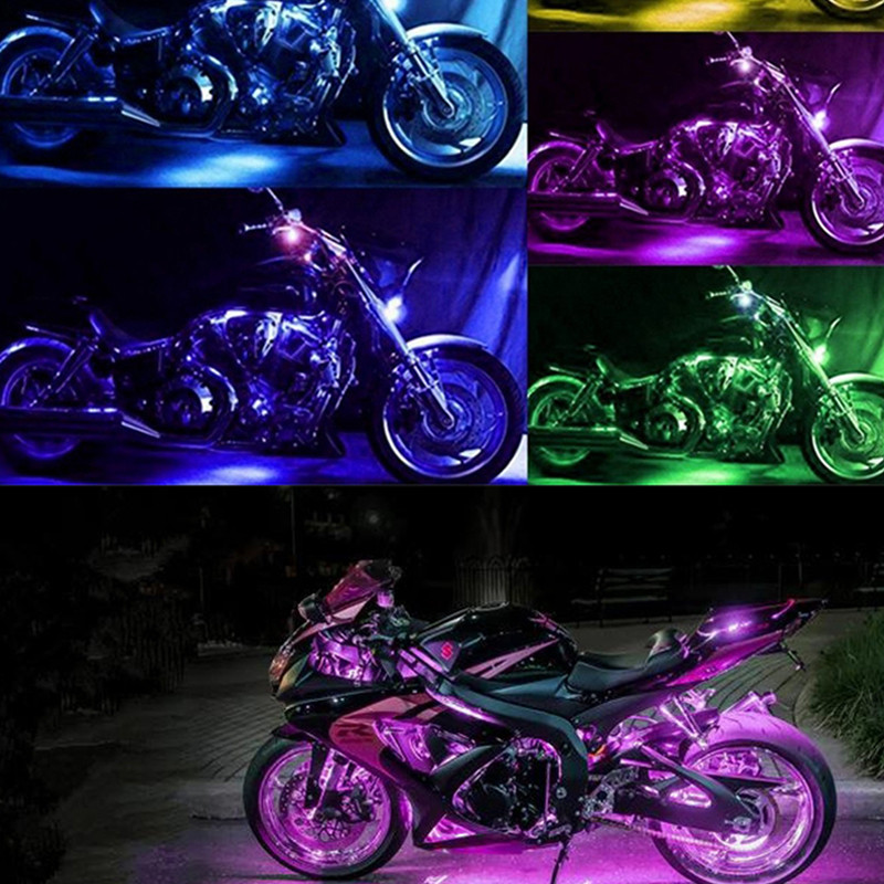 Rgb APP LED รถจักรยานยนต์ รถยนต์ บรรยากาศเท้า ไฟรีโมทคอนโทรล ยืดหยุ่น กันน้ํา ควบคุมเสียง 12V แถบโคมไฟตกแต่ง Moto