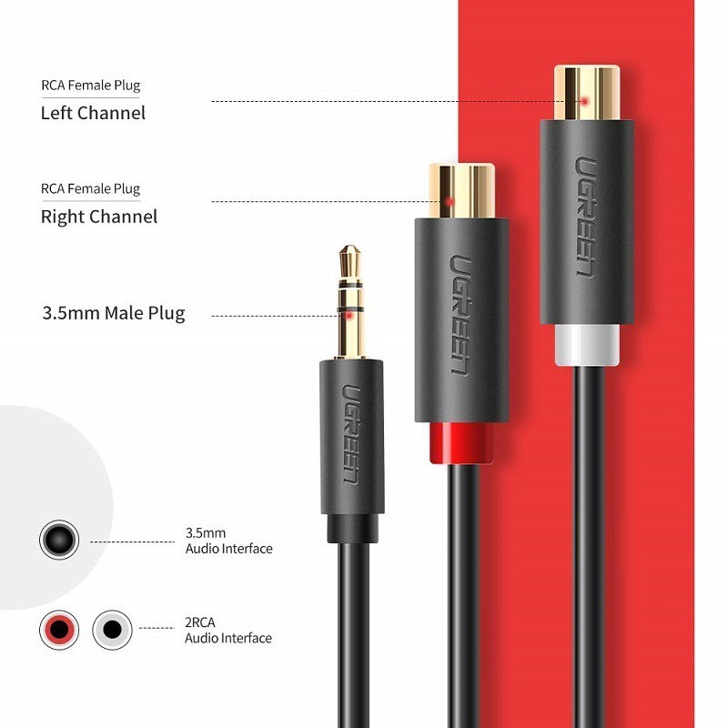 สายเครื่องเสียง Ugreen 3.5mm Male to 2 RCA Female Stereo Cable Adapter 3.5 to RCA Audio Cable Aux Ca