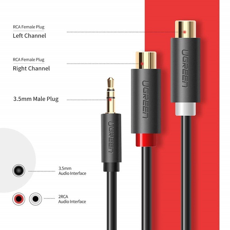 สายเครื่องเสียง Ugreen 3.5mm Male to 2 RCA Female Stereo Cable Adapter 3.5 to RCA Audio Cable Aux Cable